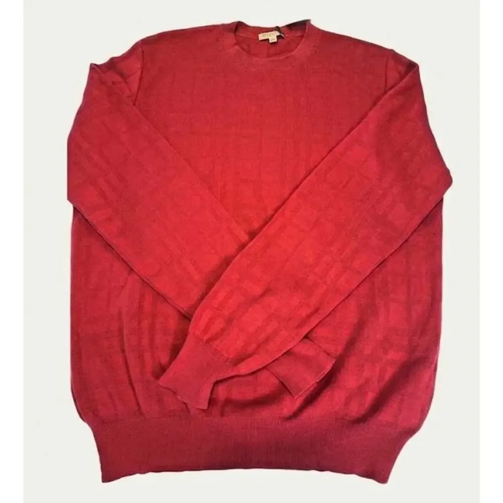 Burberry Brit Mens L Red Tonal Jacquard Check Crewneck Pullover Cotton Sweater
